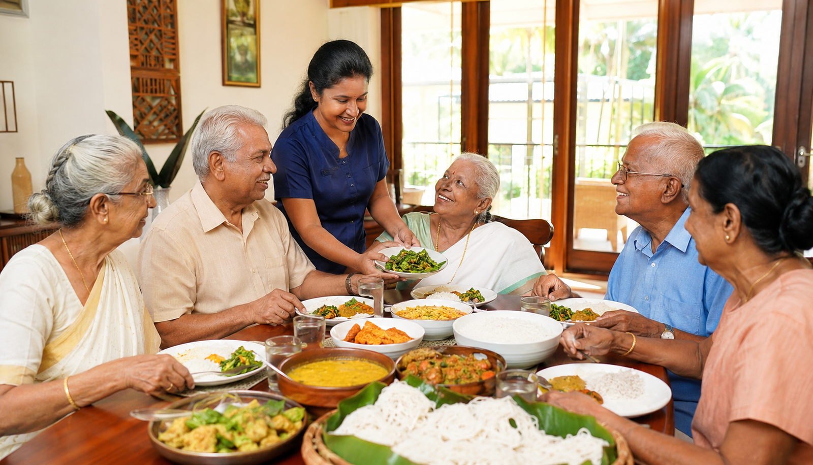 Sri Lankan seniors sharing a familiar meal with caregiver support
