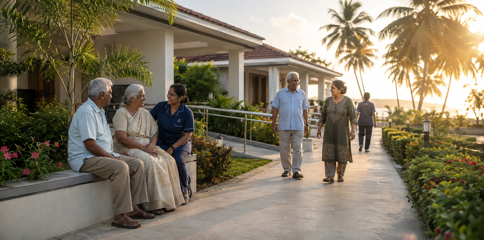 Sri Lankan seniors and caregivers at an accessible tropical senior residence